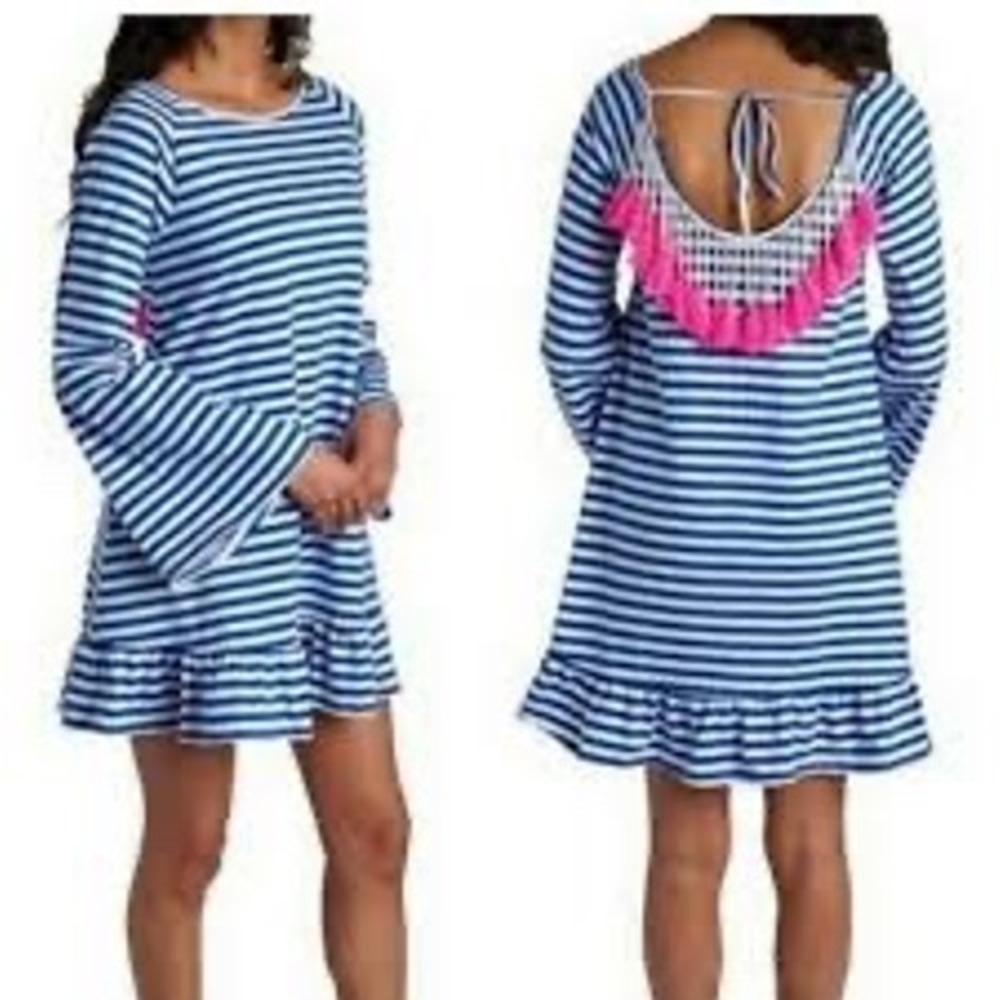 blue white striped tassel back dress S coastal beachy bell sleeve ruffle hem‎